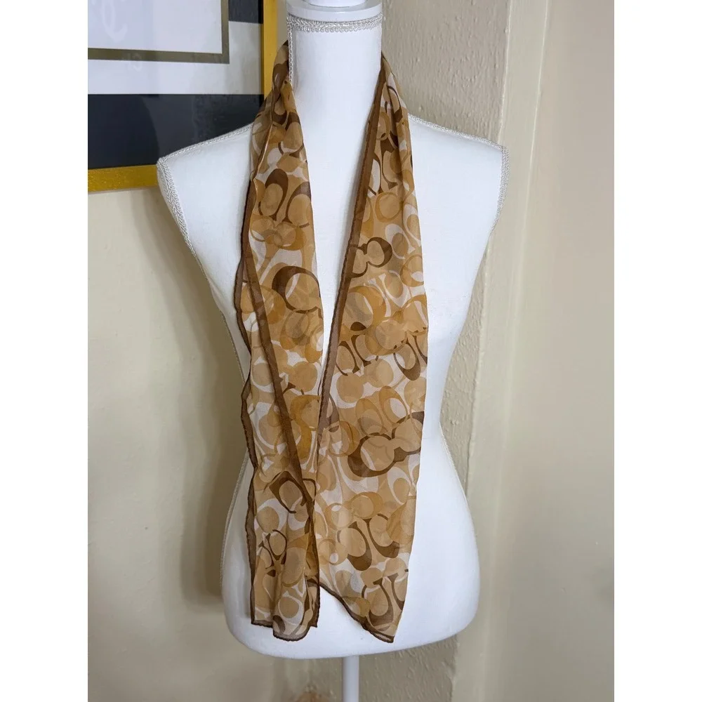 Coach Signature C Logo Oblong Scarf Brown Tan Monogram Sheer Lightweight
